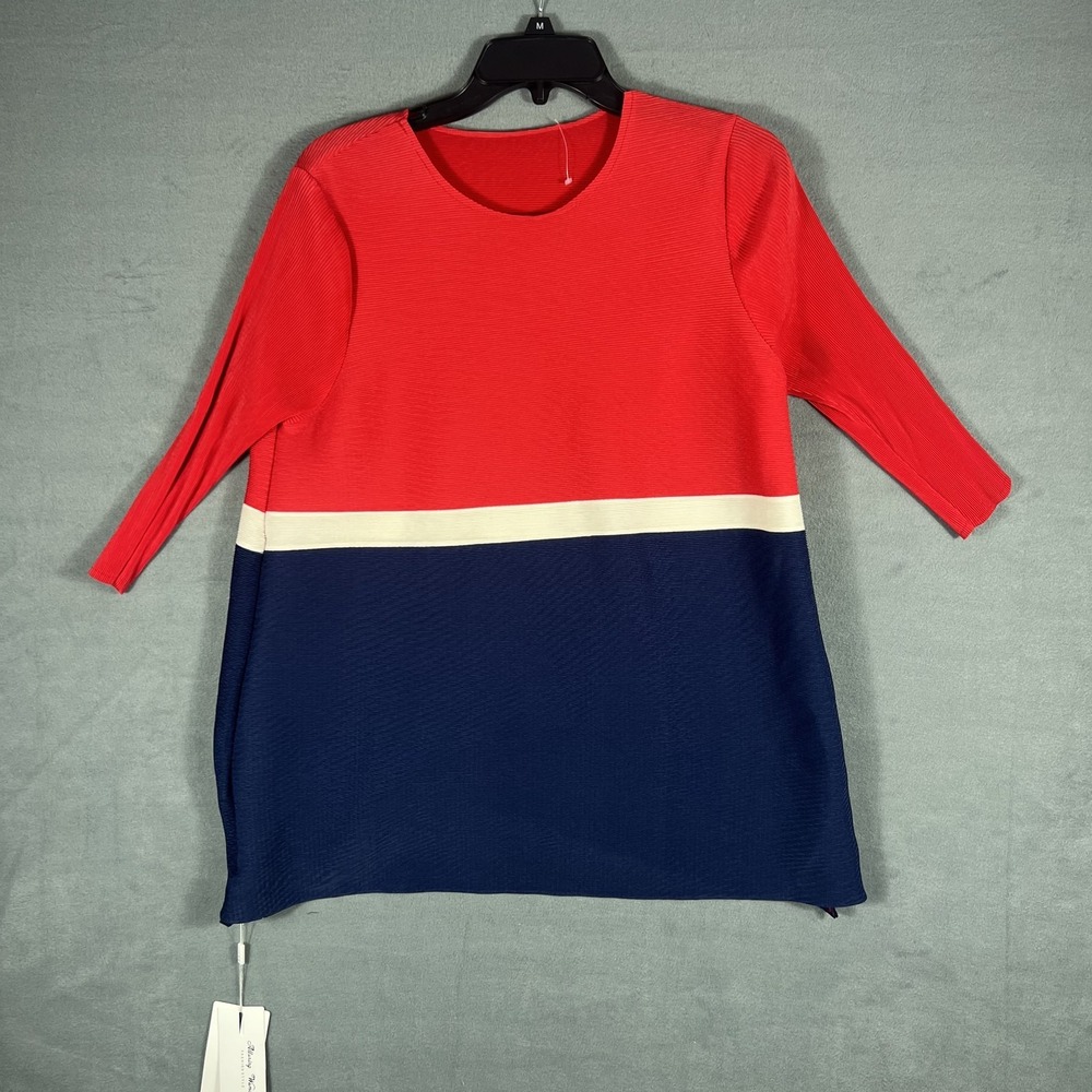 Alluring Woman Color Block Ribbed‎ Tunic Top Red White Blue Long Sleeve M NWT